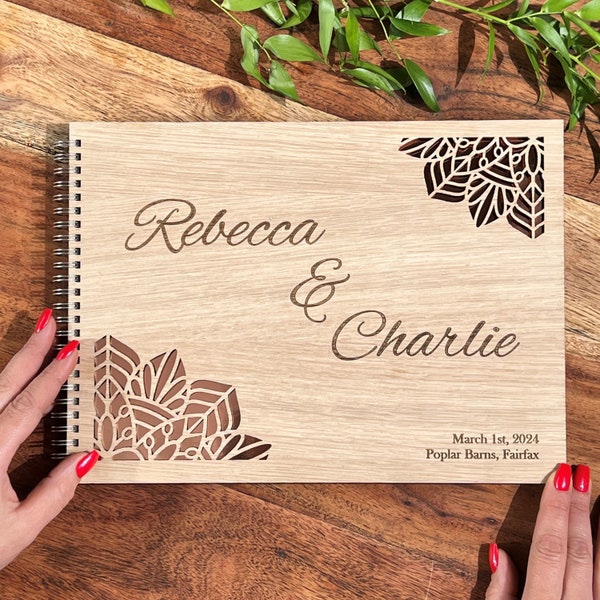 Wedding Guest Book Wood Mandala, Alternative Guestbook,  Custom Personalised Book, Photo Album, Rustic Indian Ethnic Wedding Gift Present