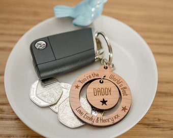 Personalised 'World's Best Dad' with floating charm Keyring (Wooden Engraved) Perfect Gift for Father's Day Dad/Daddy From the Kids/Children