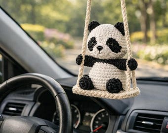 Crochet Panda Car Mirror Hanging Decor, Cute Panda Swing Rear View Mirror Charm, Handmade Car Accessories, Gift for Panda Lovers