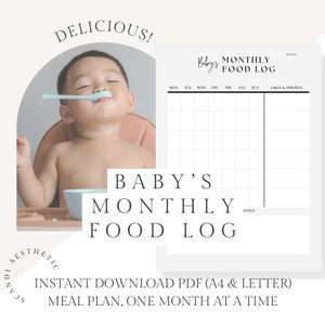 Dagboek voor babyvoeding Logboek voor vaste stoffen voor baby's Tracker voor vaste stoffen Grafieksjabloon Maandelijks maaltijdplan voor baby's Gids voor maandelijkse planning Baby onder leiding van spenen 100 eerste voedingsmiddelen