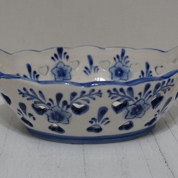 Vintage Delft Blue Oval Trinket Bowl Hand Painted Windmill Pierced hearts