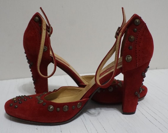 Ladies Vintage Shoes Red Suede and Leather Studde… - image 6