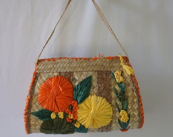 Vintage Straw Purse Handbag Shoulder Bag with Raffia Flowers