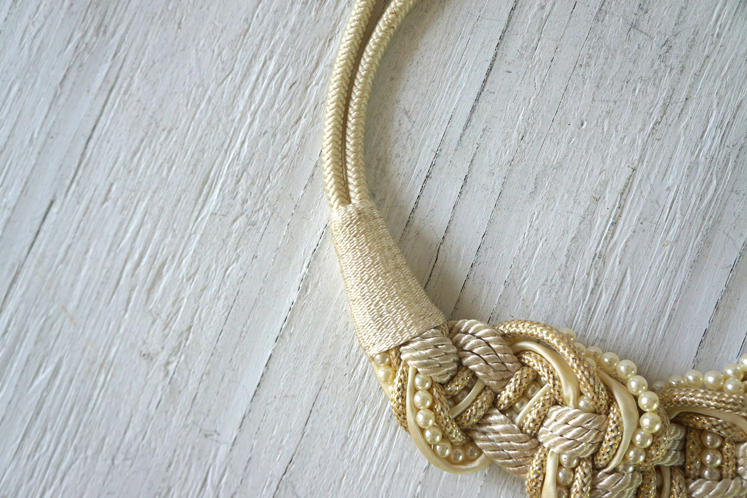 Vintage Cream Braided Rope Belt: Faux Pearl & Gold Cinch, 30  display picture 2