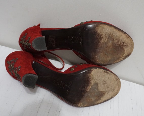 Ladies Vintage Shoes Red Suede and Leather Studde… - image 4