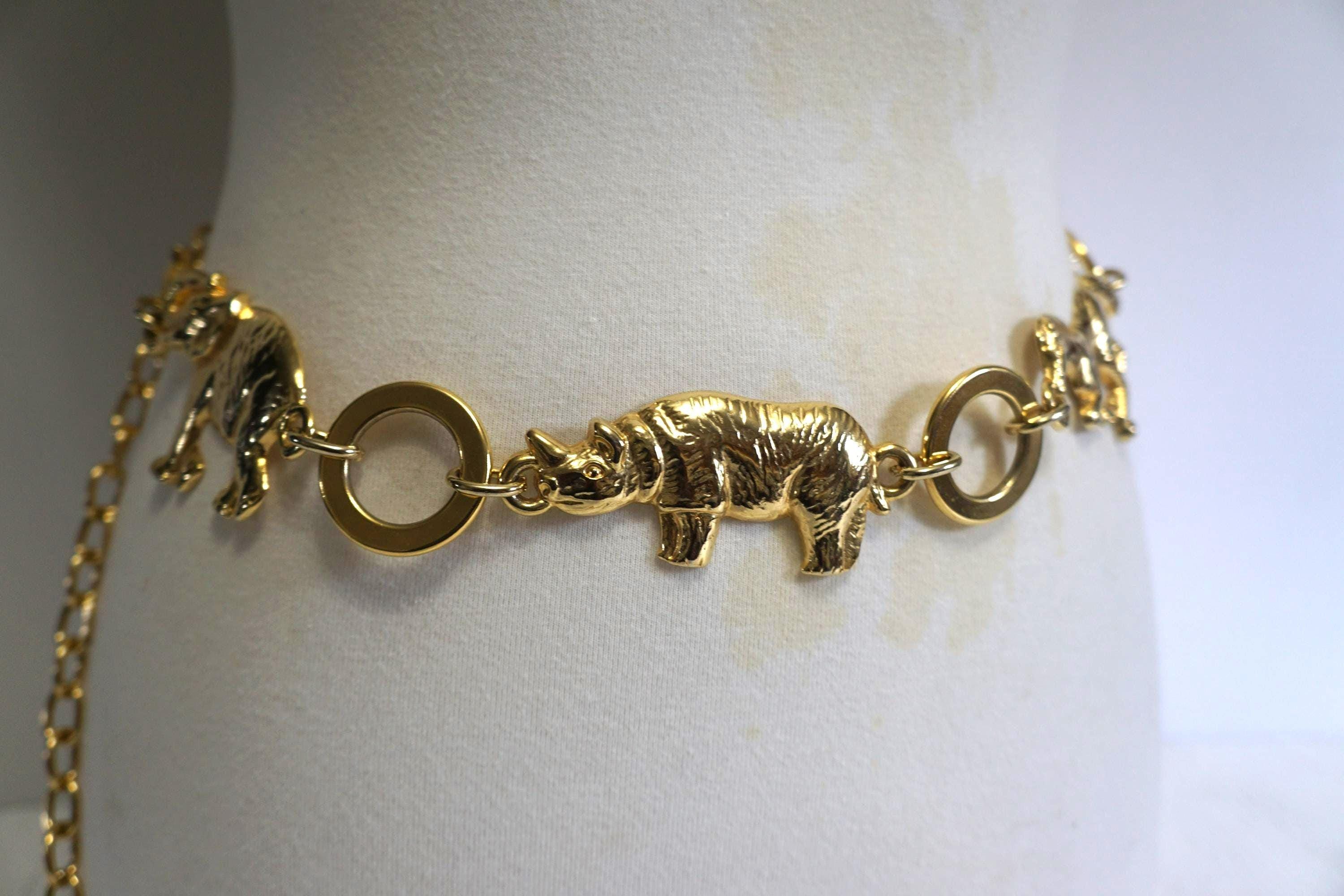 Vintage Gold Tone Animal Chain Belt Tiger Horse Rhino 