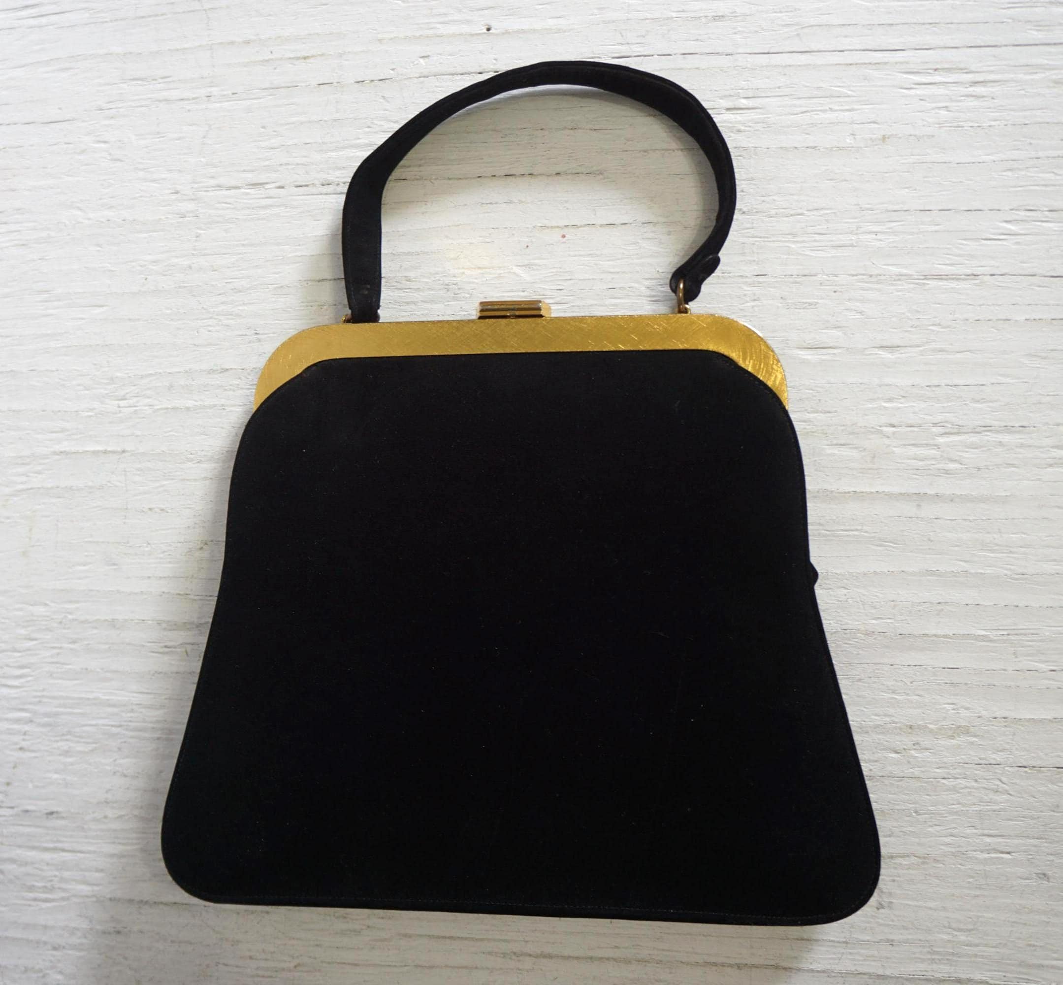 Vintage Bienen Davis Suede Frame Purse: Black Leather Top Handle 