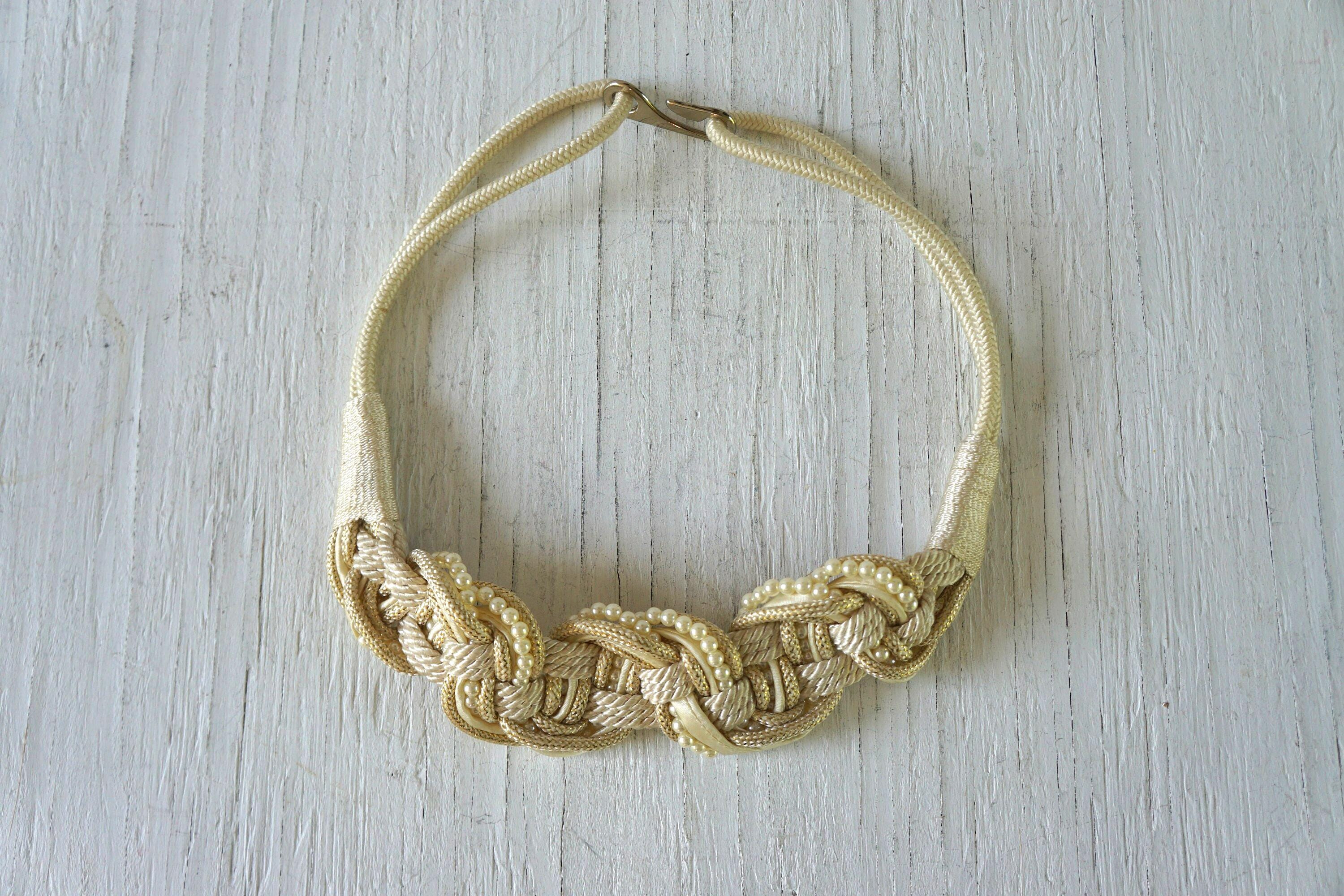 Vintage Cream Braided Rope Belt: Faux Pearl & Gold Cinch, 30 