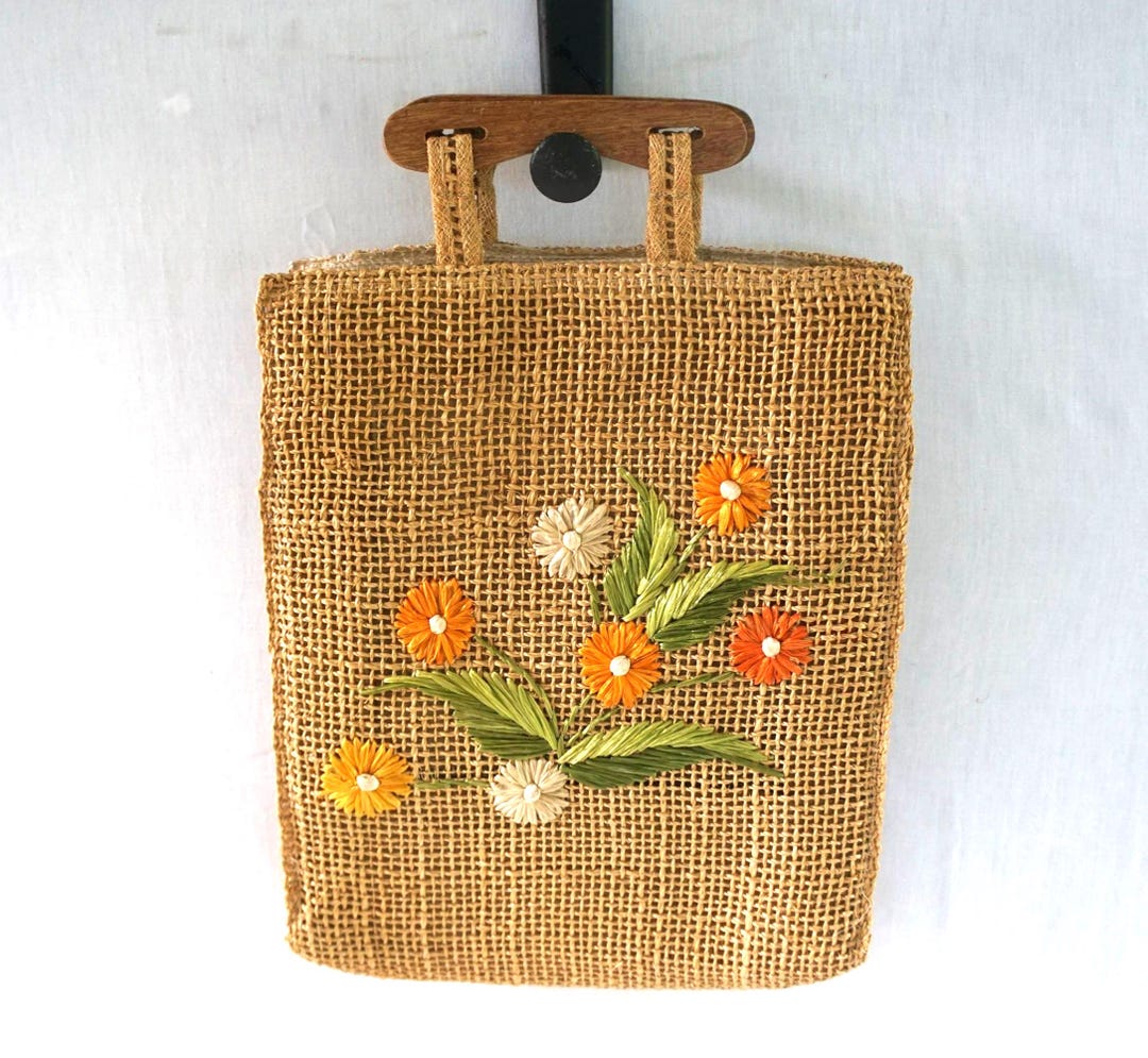 Vintage Handmade Woven Raffia Straw Bag With Embroidered Flower Accents ...
