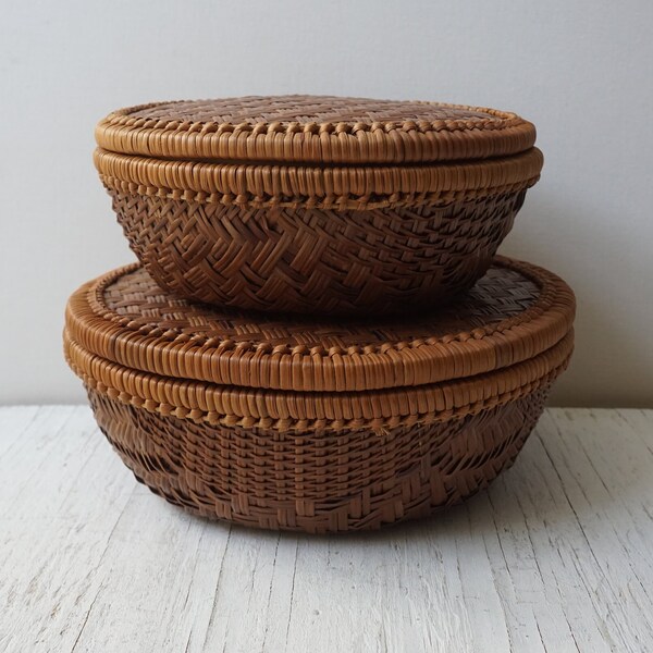 Vintage Woven Wicker and Bamboo Stacking Baskets/Set of 2 Wicker Stacking Baskets/Decorative Baskets