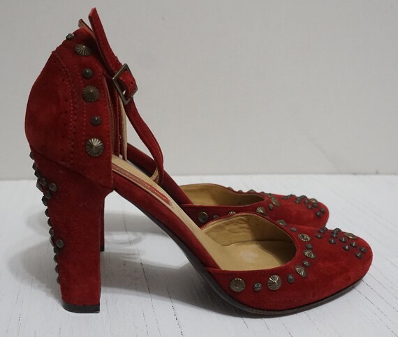 Ladies Vintage Shoes Red Suede and Leather Studde… - image 3