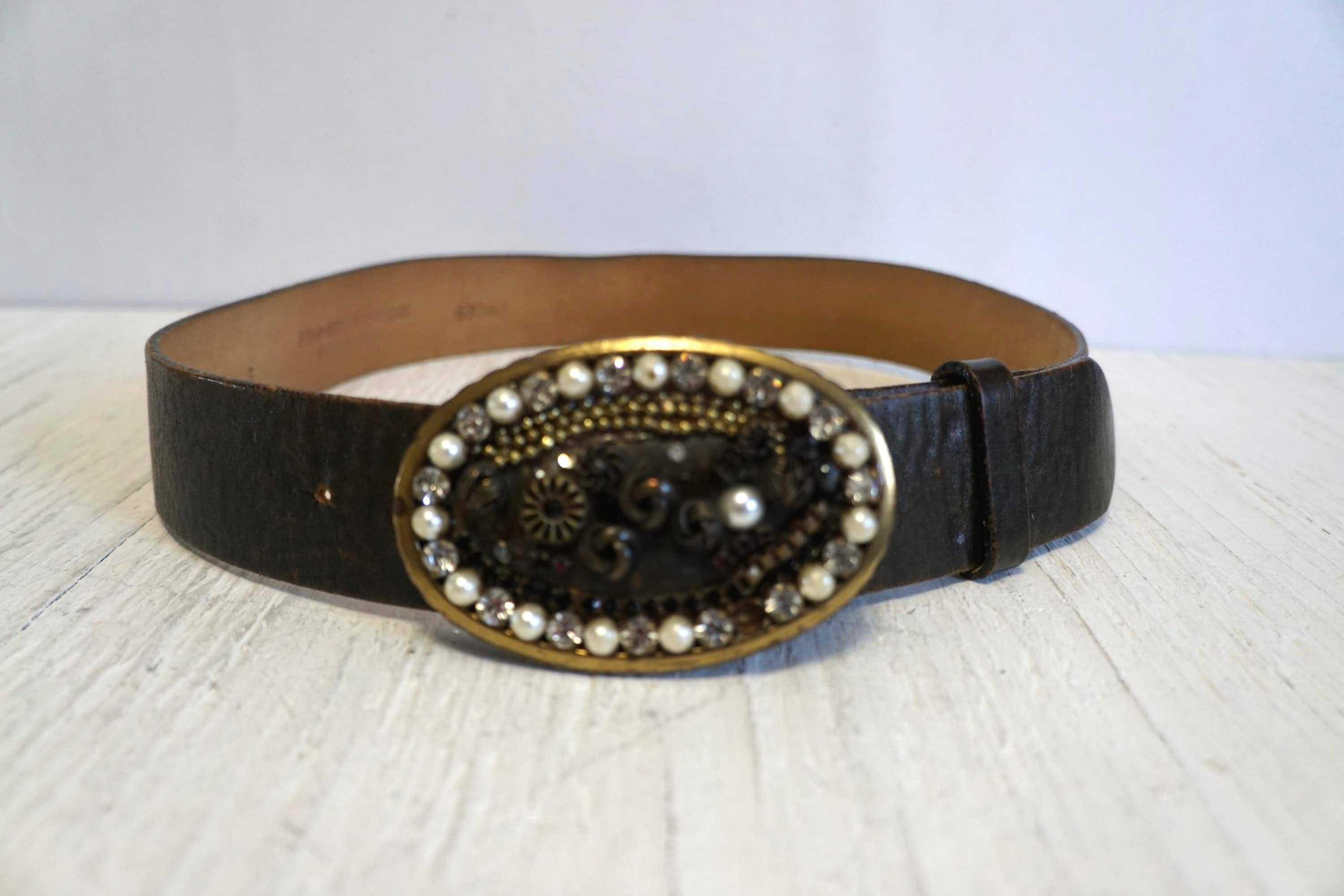 Streets Ahead Black Leather Studded Rhinestone Rockabilly Buckle Belt Large Streets Ahead B Roger Belt - PapillonStyles main image 4