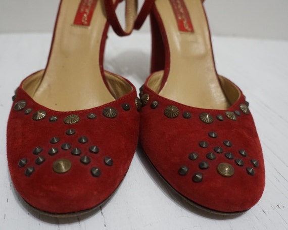 Ladies Vintage Shoes Red Suede and Leather Studde… - image 8