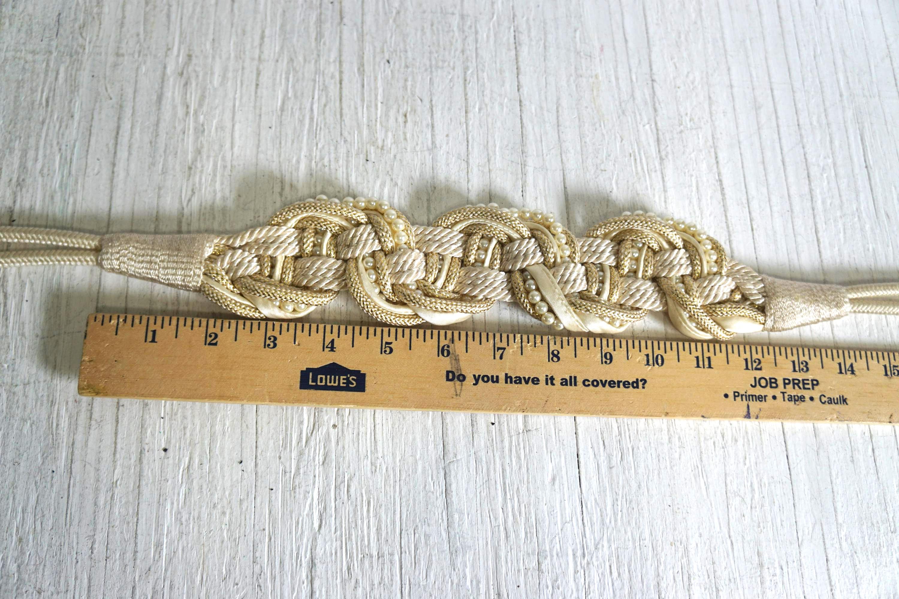 Vintage Cream Braided Rope Belt: Faux Pearl & Gold Cinch, 30 