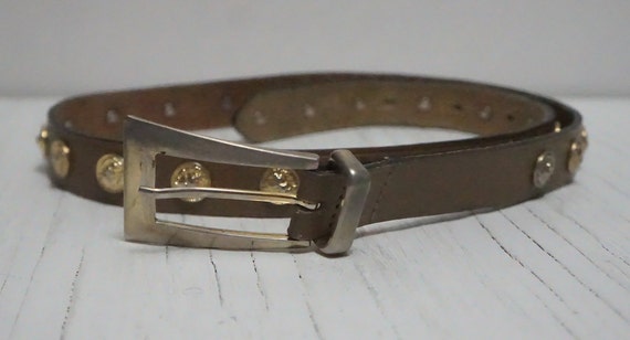 Vintage Leather Belt with Gold Tone Lion Head Med… - image 1