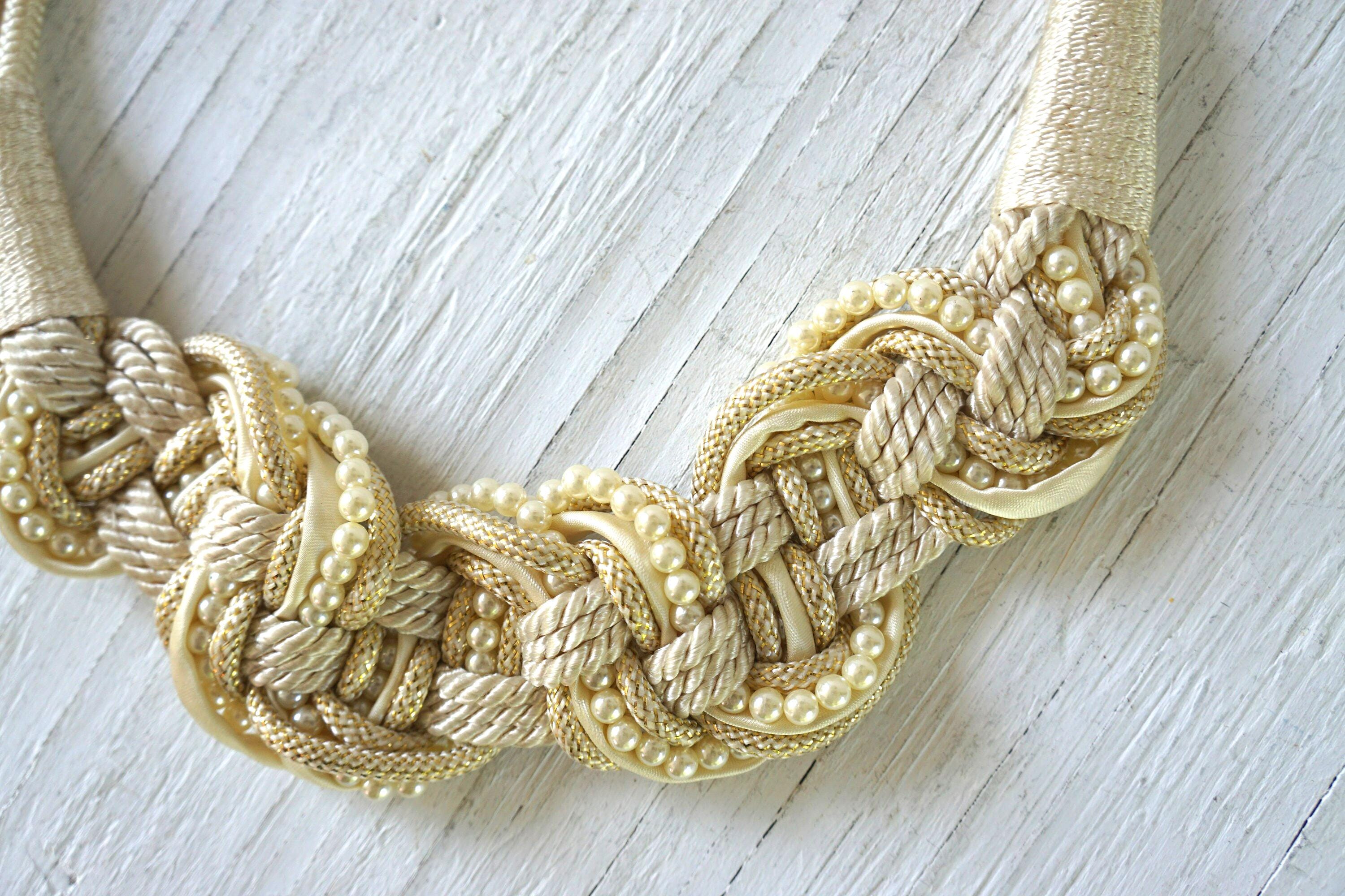 Vintage Cream Braided Rope Belt: Faux Pearl & Gold Cinch, 30 