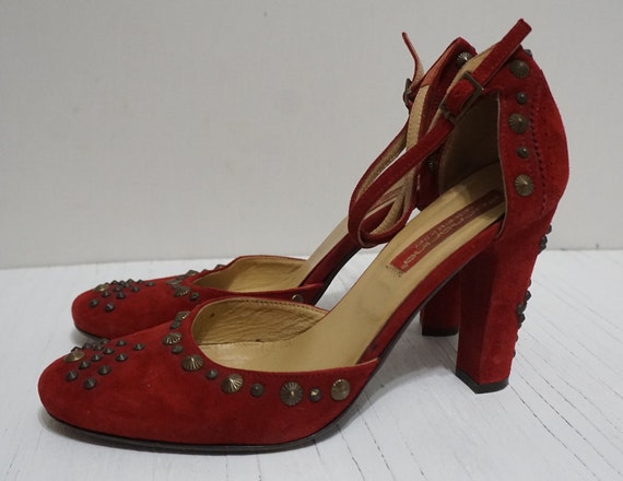 Ladies Vintage Shoes Red Suede and Leather Studde… - image 1