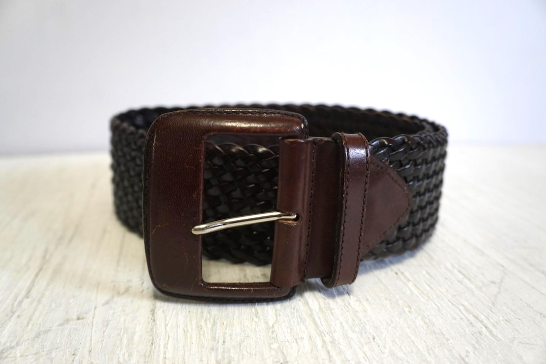 Vintage Bohemian WOVEN Unisex Distressed Brown Leather Belt sz L / XL Brown Leather Belt Size 42 Solid Brass Buckle Woven  main image 2