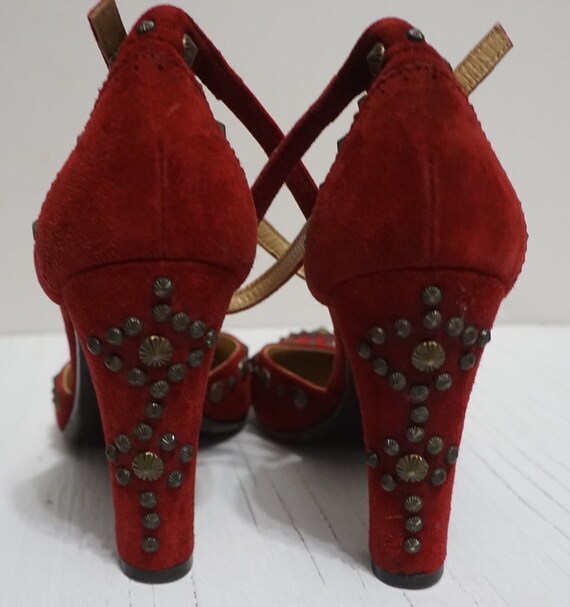 Ladies Vintage Shoes Red Suede and Leather Studde… - image 7