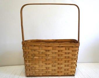 Vintage Rectangular Woven Wood Slat Basket with Fold Down Handle