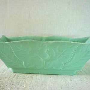 May include: A rectangular, light green ceramic planter with a leaf design. The planter has a flared shape with pointed corners and measures approximately 12 inches long, 6 inches wide, and 4 inches tall.