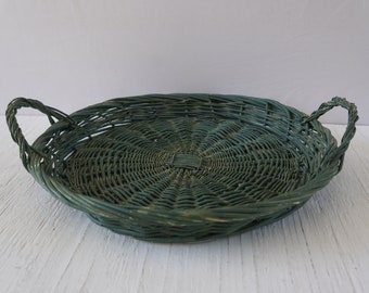 Vintage Round Wicker Tray with Handles