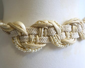 Vintage Cream Braided Rope Belt: Faux Pearl & Gold Cinch, 30  display picture 3