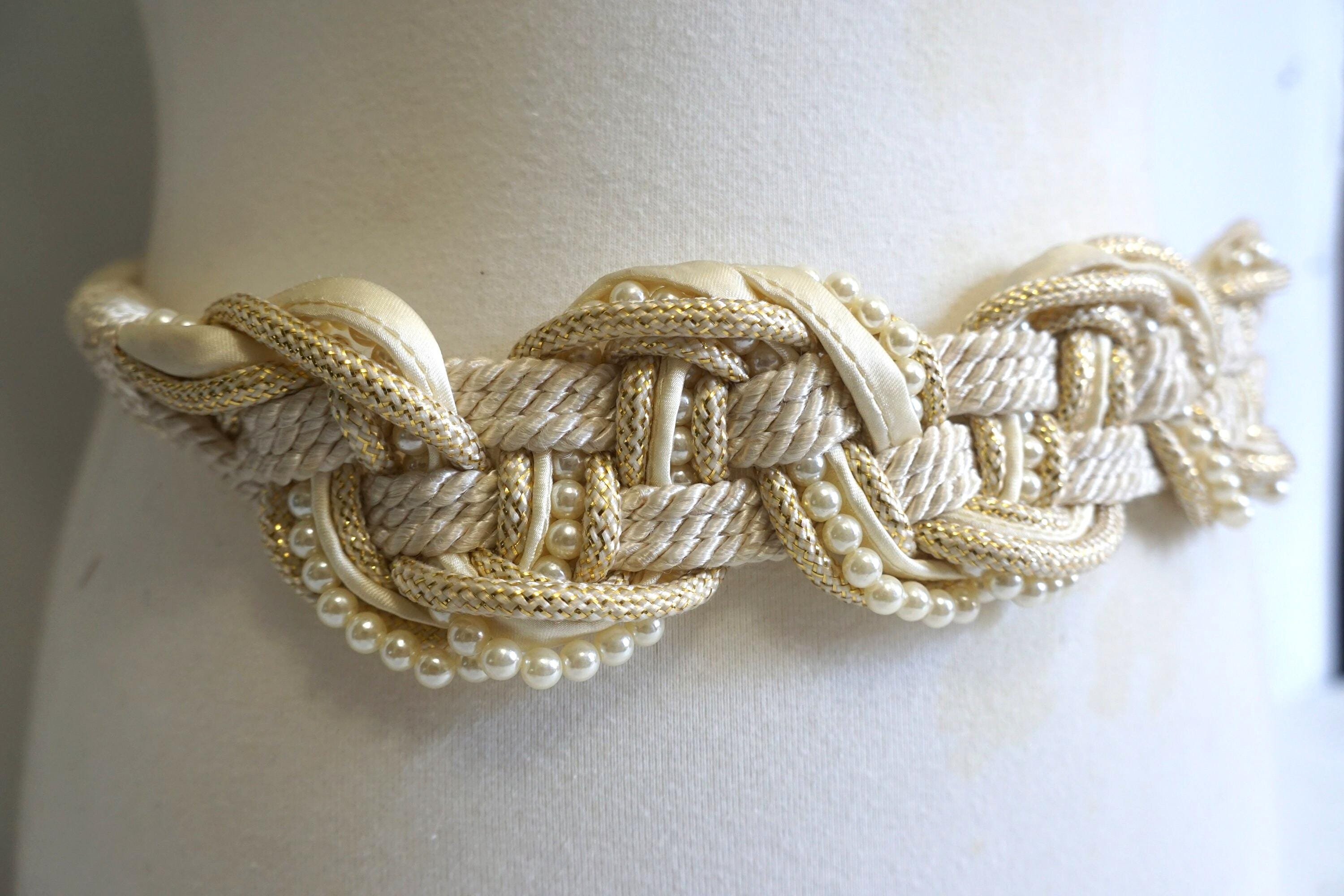 USED Vintage Cream/Off White Braided Woven Cord Belt with pearl & gold detailing Vintage Cream Braided Rope Belt: Faux Pearl & Gold Cinch, 30  main image 2