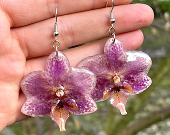 3d Purple Orchids Earrings Preserved Botanical Real Flower Jewelry Gift for Plant Lover