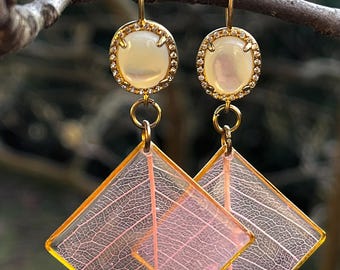 Pink Magnolia Leaf in Resin Sterling Silver Hook Elegant Botanical Earrings Gift for Her