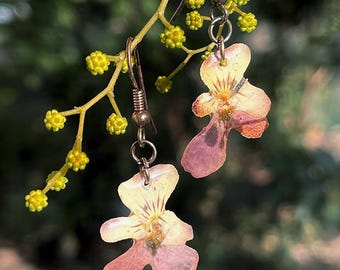 Yellow Purple Pansy Earrings Real Flower in Resin Jewelry Delicate Dangle Gift for Her