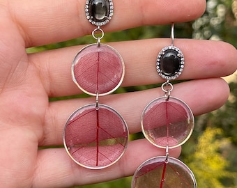 Botanical Red Magnolia Leaf Earrings with Sterling Silver Dangle Hooks Elegant Jewelry for Her