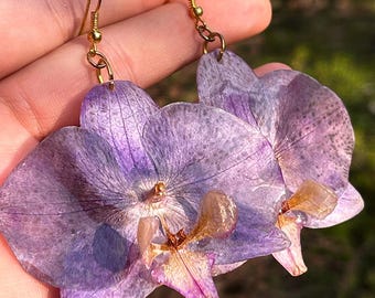 Big Purple Orchid Dangle Earrings Handmade Botanical Preserved Jewelry Gift for Wife