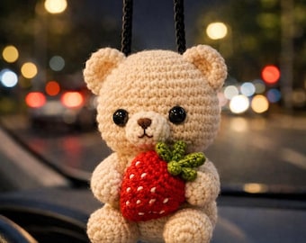 Crochet Bear Car Hanging Ornament with Strawberry, Cute Rear View Mirror Charm, Handmade Amigurumi Car Accessory, Gift for Her
