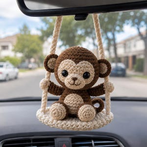 Crochet Monkey Car Charm, Cute Swing Rearview Mirror Hanging, Handmade Amigurumi Monkey, Kawaii Car Decor, Monkey Lover Gift