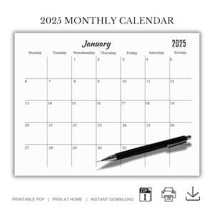 Calendario planificador mensual 2025 Horizontal domingo y lunes Inicio 2025 Elegante calendario mensual Tamaño A4/Carta Plantilla de calendario imprimible