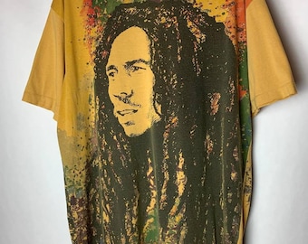 Vintage Y2K Bob Marley shirt Size L Double Sided Reggae Music Merch Band Mirror All Over Print rasta wailers reggae Stedman FREE SHIPPING