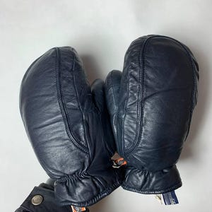Vintage Kombi Leather Insulated Mittens Gloves Ladies Medium Navy Blue Size L FREE SHIPPING