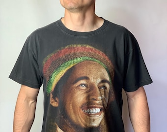 Vintage Rock Tees Men's T Shirt Bob Marley The Legend of Reggae Single Stitch Vtg 90s Black Size L FREE SHIPPING
