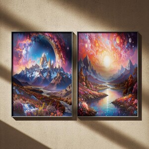 May include: Two framed landscape art prints. One features a mountain range with a celestial backdrop, the other a river scene with a vibrant sunset. Both have colorful skies and detailed scenery.