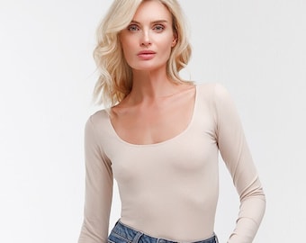 Bodysuits for women in black, round neck long sleeves - minimalist & basic style, sustainable materials