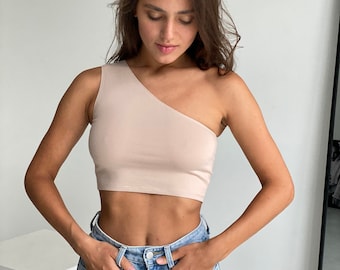 One shoulder asymmetric cut out cotton crop top