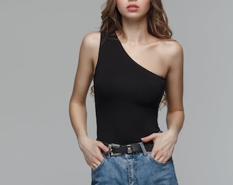 Asymmetrical One-Shoulder Black Bodysuit: Modern Cotton Blend
