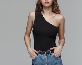 Asymmetrical black bodysuit for women, one shoulder bodysuit, short sleeve bodysuit