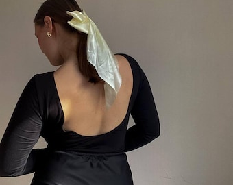 Cotton Bodysuit: Open Back Long Sleeve Minimalist Bodysuit