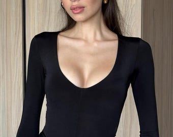 V-neck long sleeve top, minimalist bodysuit