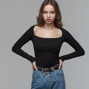 Square neck bodysuit, long-sleeve bodysuit, long sleeve shirt, extra long sleeve top, cocktail top image 1