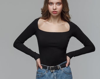 Square Neck Cotton Bodysuit: Long Sleeve Top