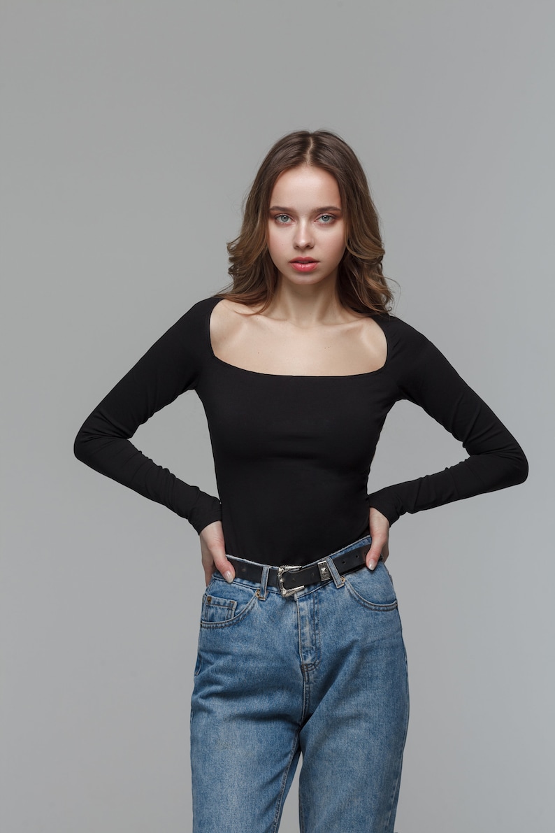 Square neck bodysuit, long-sleeve bodysuit, long sleeve shirt, extra long sleeve top, cocktail top image 1