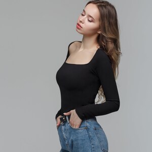 Square neck bodysuit, long-sleeve bodysuit, long sleeve shirt, extra long sleeve top, cocktail top image 3